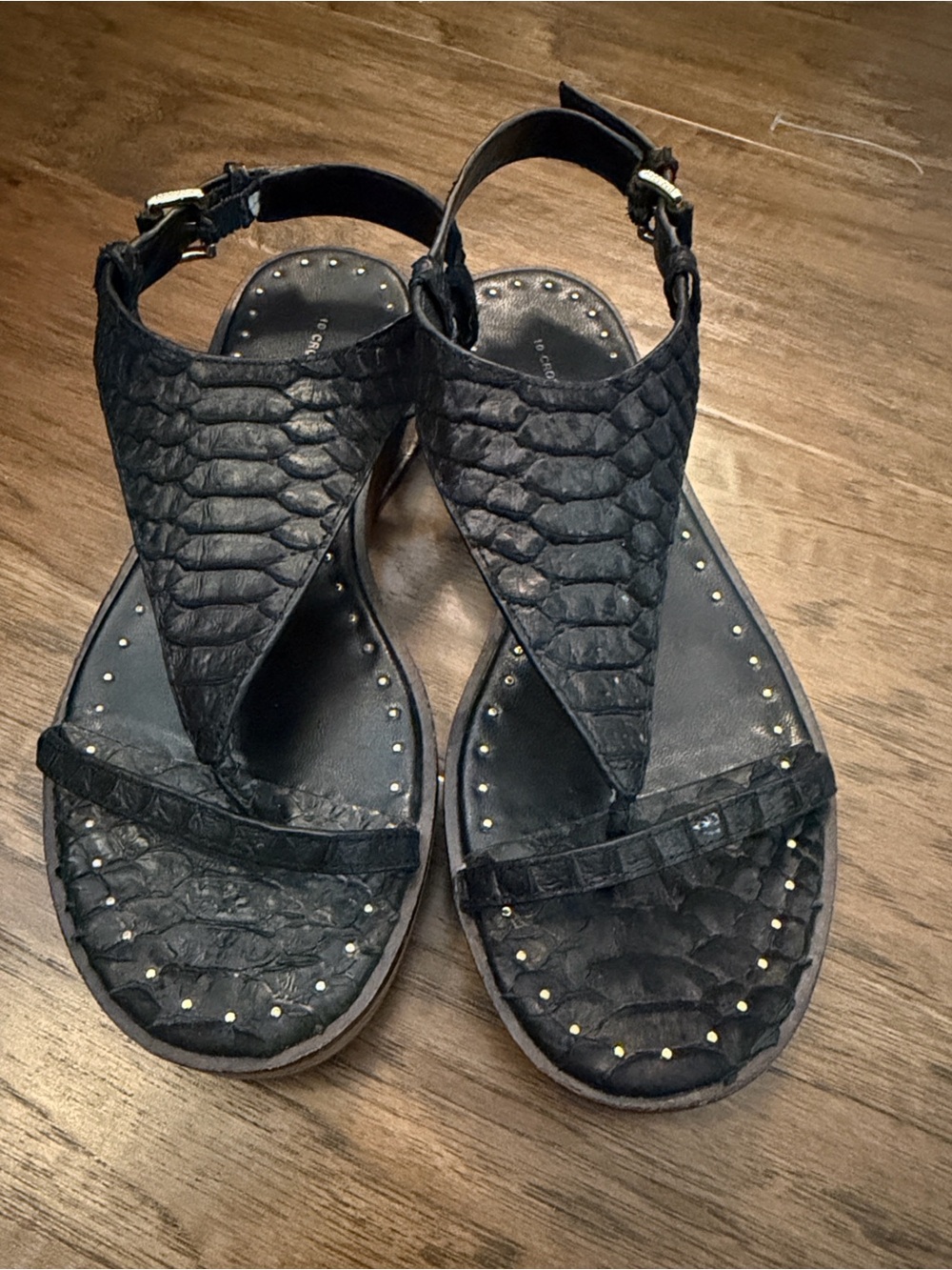 10 Crosby Derek Lam Black Snakeskin Studded Flat Thong Sandals - Size 8